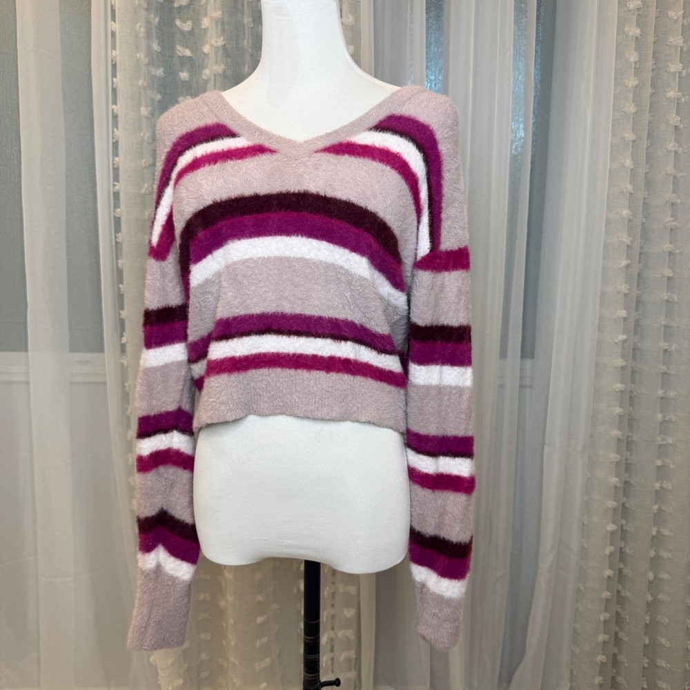 Splendid V-Neck Sweater - Pink and Purple Stripes